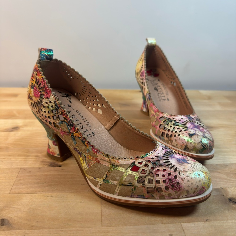 L'Artiste Spring Step Balderia Floral Laser Cut Leather Pumps Multi Color 36